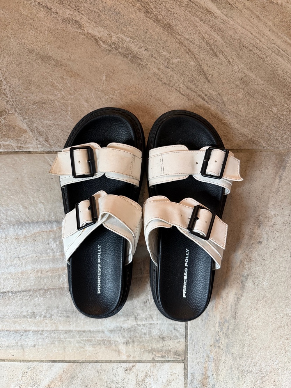 Princess Polly Cream Double-Buckle Slide Sandals with Black Footbed
